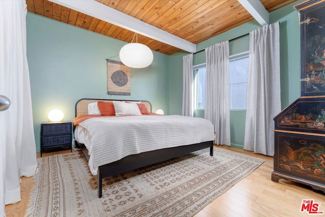 bedroom with wood ceiling, beam ceiling, and light hardwood / wood-style flooring