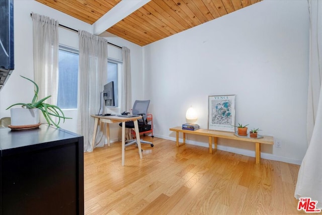 office featuring lofted ceiling with beams, light hardwood / wood-style floors, and wooden ceiling