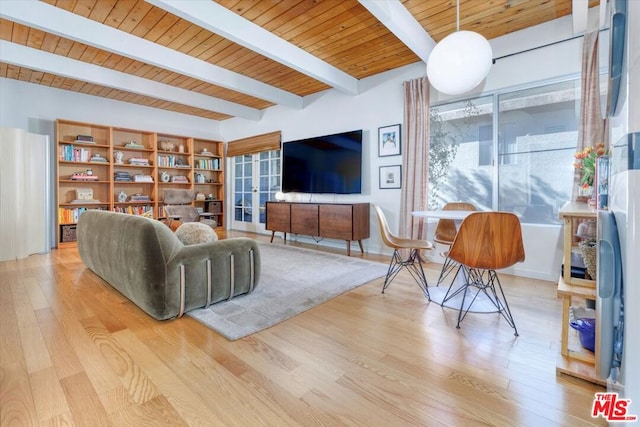 living room with wood ceiling, beamed ceiling, and light wood-type flooring