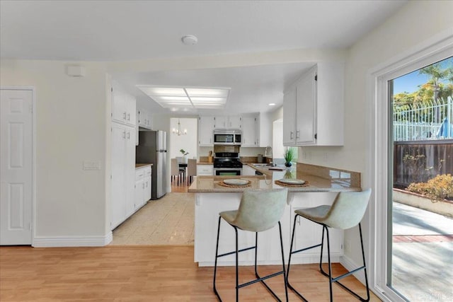 kitchen with appliances with stainless steel finishes, white cabinetry, sink, kitchen peninsula, and light wood-type flooring