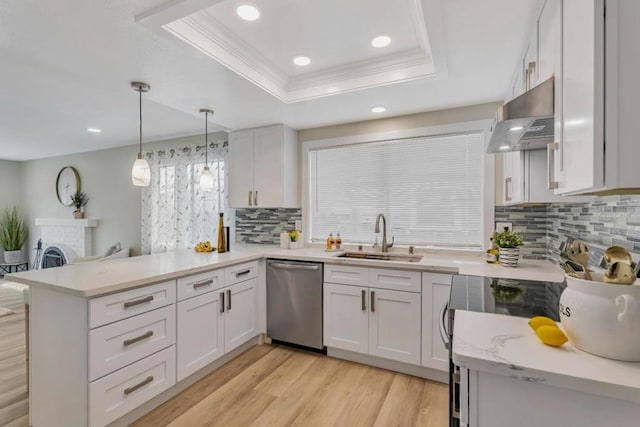 kitchen with sink, white cabinetry, a tray ceiling, dishwasher, and exhaust hood