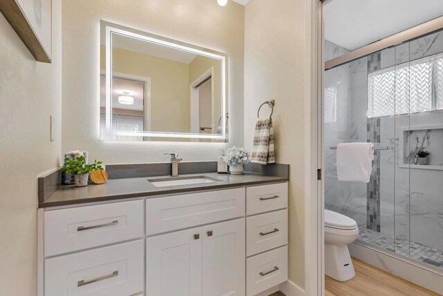 bathroom featuring hardwood / wood-style flooring, vanity, toilet, and a shower with door