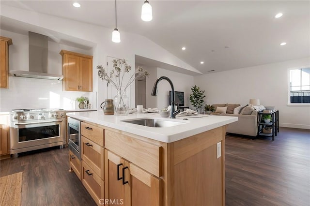 kitchen with wall chimney range hood, sink, appliances with stainless steel finishes, a kitchen island with sink, and vaulted ceiling