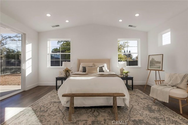 bedroom with lofted ceiling, dark wood-type flooring, and access to outside