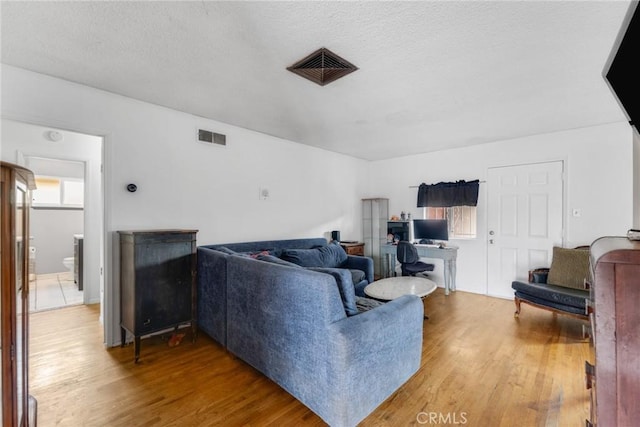 living room featuring wood-type flooring and a textured ceiling