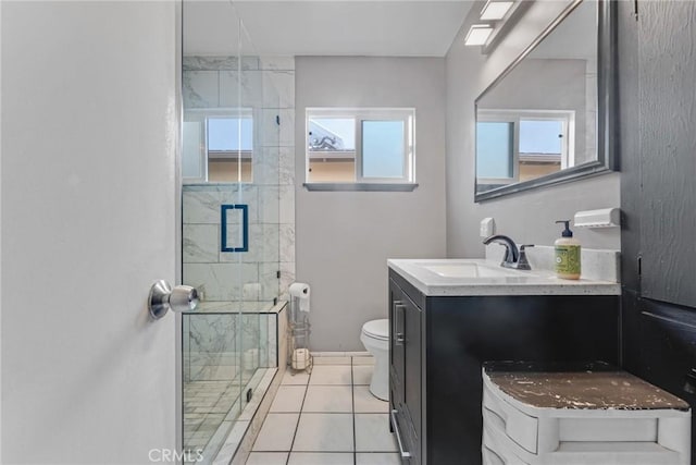 bathroom featuring walk in shower, vanity, toilet, and tile patterned flooring