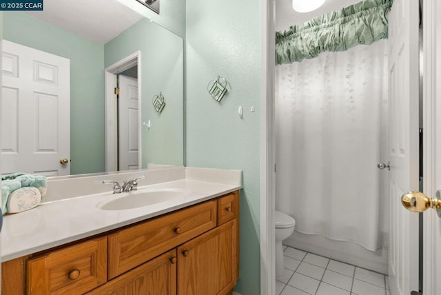 full bathroom with tile patterned flooring, vanity, toilet, and shower / tub combo with curtain