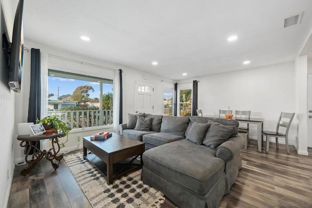 living room with dark hardwood / wood-style floors and a healthy amount of sunlight