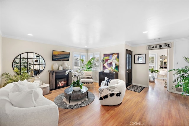 living room featuring crown molding, plenty of natural light, and light wood-type flooring