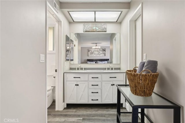 bathroom with vanity, wood-type flooring, and toilet