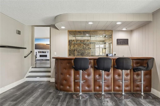 bar with dark hardwood / wood-style floors and a textured ceiling