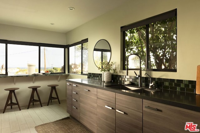 bar featuring sink, decorative backsplash, plenty of natural light, and light wood-type flooring