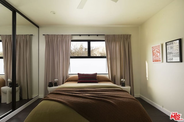 bedroom featuring dark hardwood / wood-style floors and ceiling fan