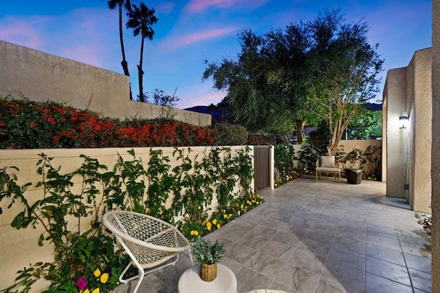 view of patio terrace at dusk