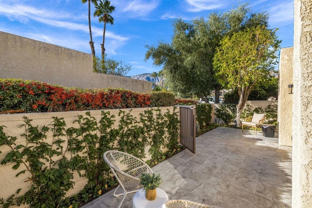 view of patio / terrace featuring a mountain view