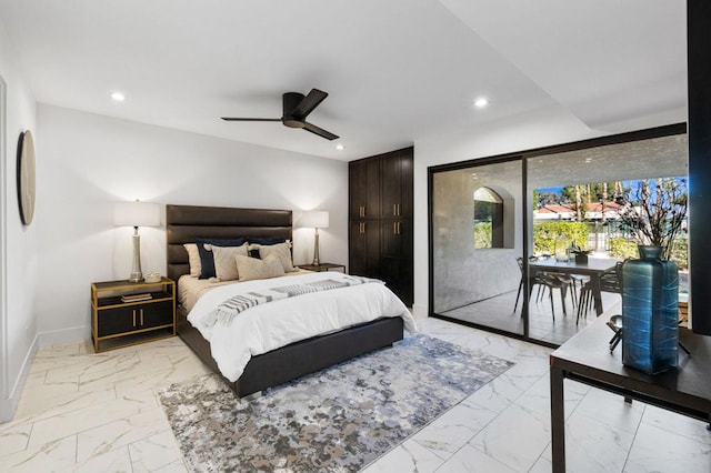 bedroom with access to exterior and ceiling fan