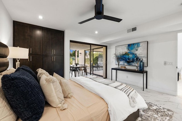 bedroom with access to exterior and ceiling fan