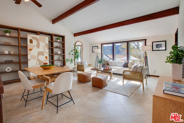 tiled living room with lofted ceiling with beams and ceiling fan