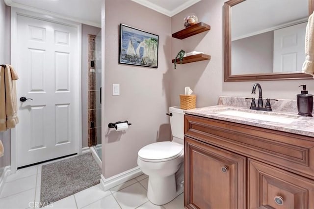 bathroom with vanity, tile patterned floors, toilet, and walk in shower