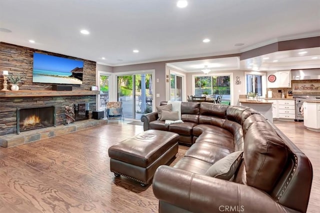 living room with ornamental molding, a fireplace, and light hardwood / wood-style floors