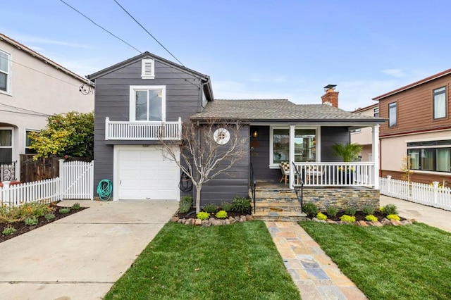 tri-level home featuring a garage, a front yard, and covered porch