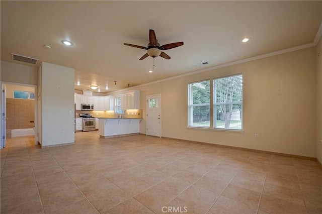 unfurnished living room with ornamental molding, ceiling fan, and light tile patterned flooring