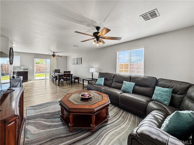 living room featuring ceiling fan and wood-type flooring