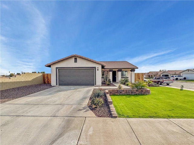 ranch-style home with a garage and a front yard