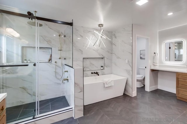 full bathroom with vanity, separate shower and tub, and toilet