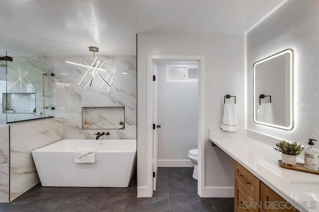 full bathroom featuring vanity, plus walk in shower, and toilet