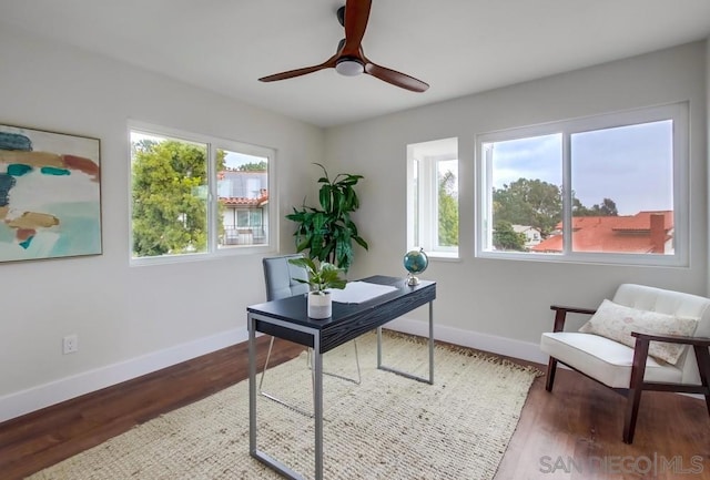 office featuring hardwood / wood-style floors, a wealth of natural light, and ceiling fan