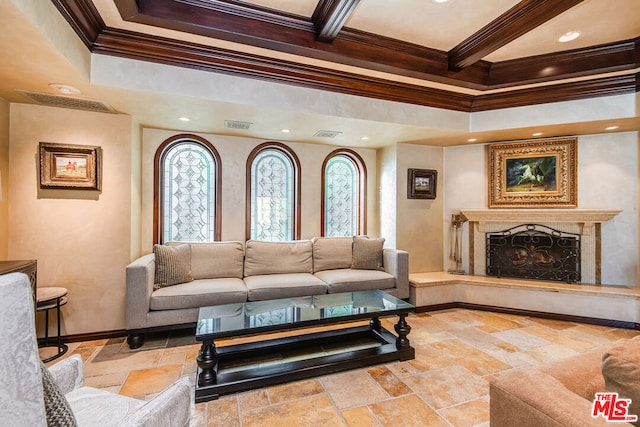 living room featuring beamed ceiling, ornamental molding, and a high end fireplace