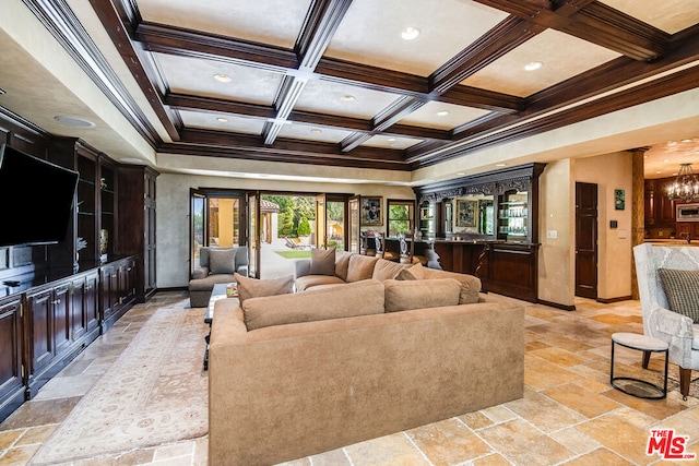 living room featuring crown molding, coffered ceiling, a chandelier, and beam ceiling