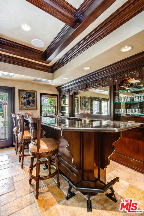 bar featuring ornamental molding and a tray ceiling