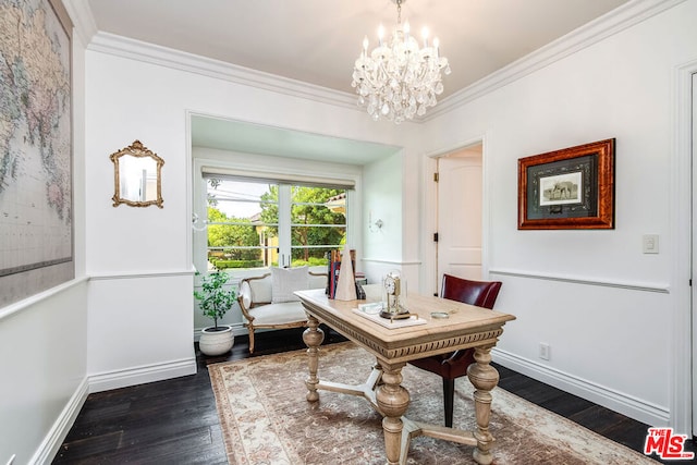 dining room with crown molding, an inviting chandelier, and dark hardwood / wood-style flooring