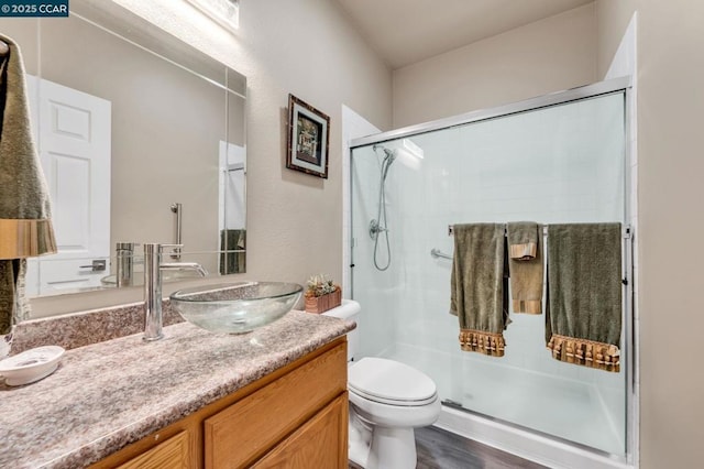 bathroom with vanity, a shower with shower door, and toilet