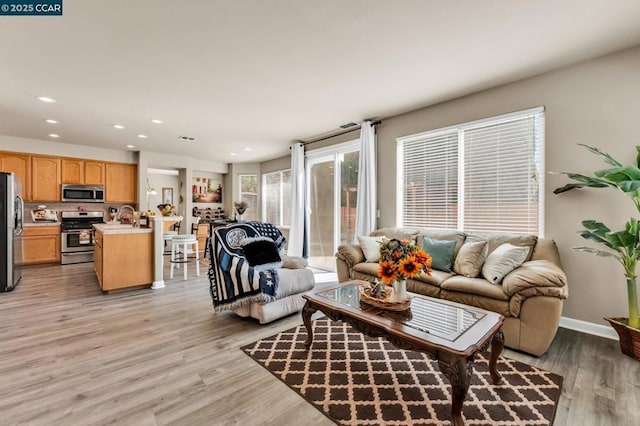 living room featuring sink and light hardwood / wood-style floors