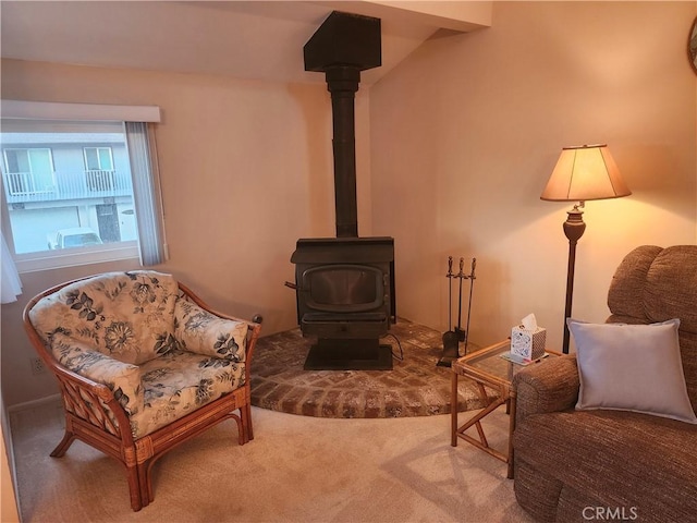 living area featuring carpet flooring and a wood stove