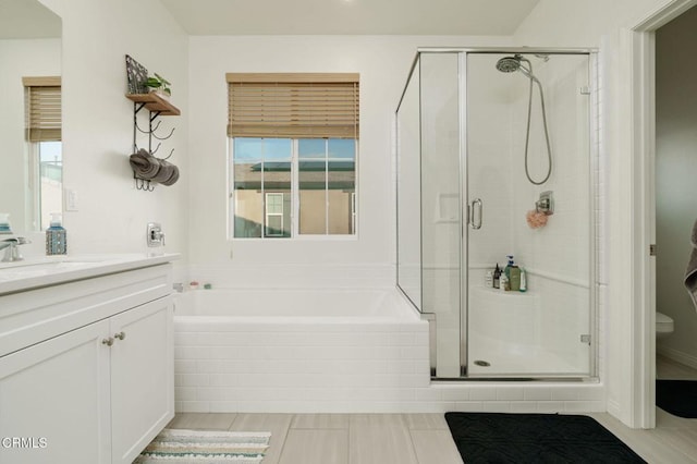 full bathroom featuring a healthy amount of sunlight, a shower stall, and vanity