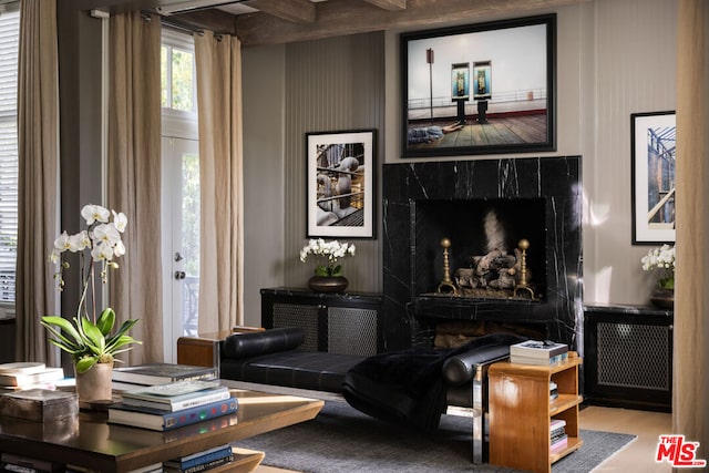 living room featuring radiator heating unit, hardwood / wood-style flooring, and a fireplace