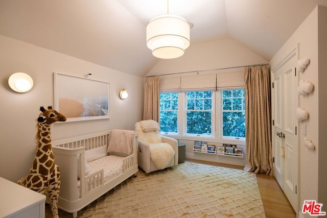 living area featuring lofted ceiling and light hardwood / wood-style floors