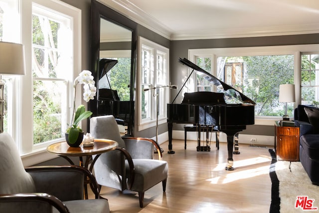 living area with ornamental molding and light wood-type flooring