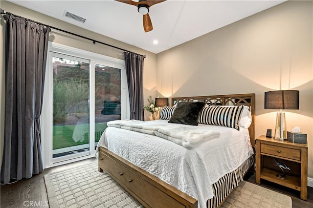 bedroom featuring access to exterior, recessed lighting, visible vents, light wood-style floors, and ceiling fan