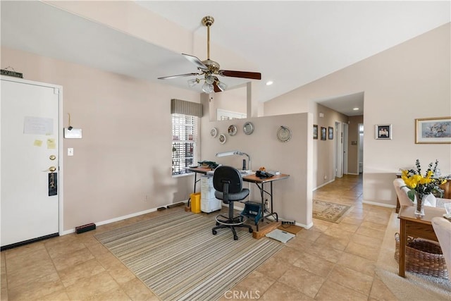 tiled office featuring ceiling fan and vaulted ceiling