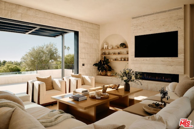 living room with built in shelves and a premium fireplace