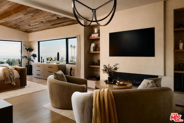 living room with wood ceiling, lofted ceiling, light hardwood / wood-style floors, and built in shelves