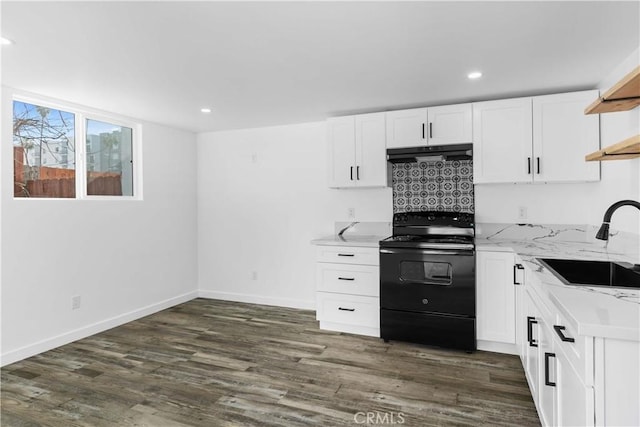 kitchen with white cabinetry, dark hardwood / wood-style floors, sink, and black electric range