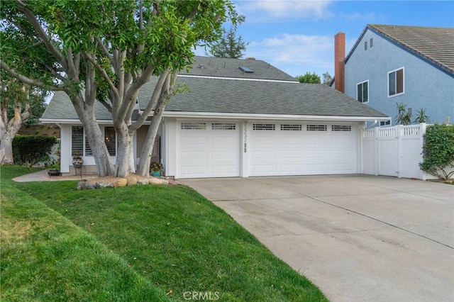 view of front of home with stucco siding, an attached garage, a front yard, fence, and driveway