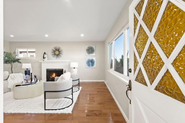 living room with a fireplace and dark hardwood / wood-style floors