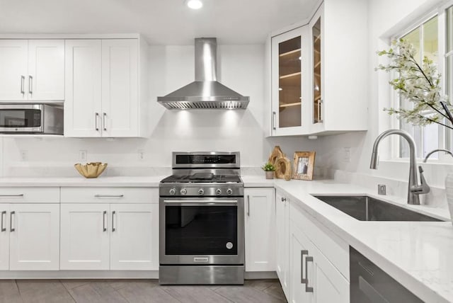 kitchen with white cabinetry, appliances with stainless steel finishes, wall chimney exhaust hood, and sink